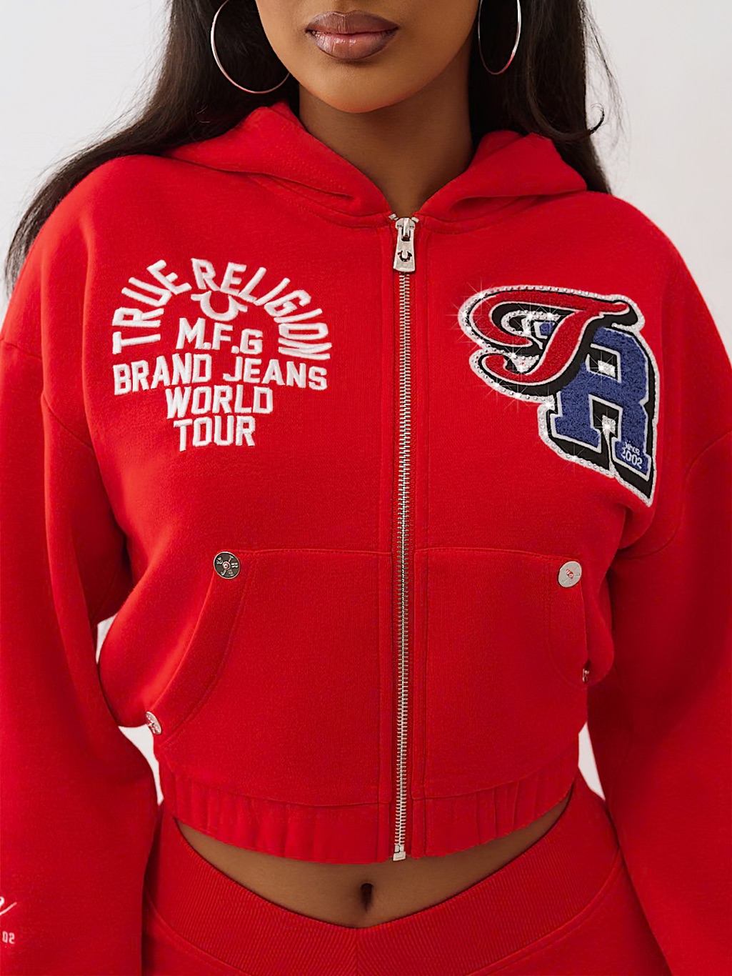 True Religion Bright Red Cropped Zip Hoodie With Varsity Appliqu